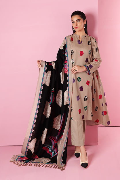 Printed 3-Piece Black & Beige Karandi Winter Unstitched Suit
